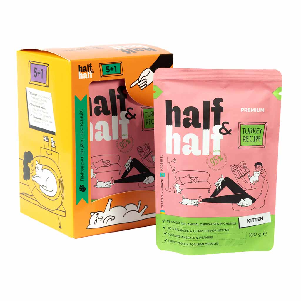 Вологий корм для кошенят Half&Half Kitten індичка, набір 6 шт.