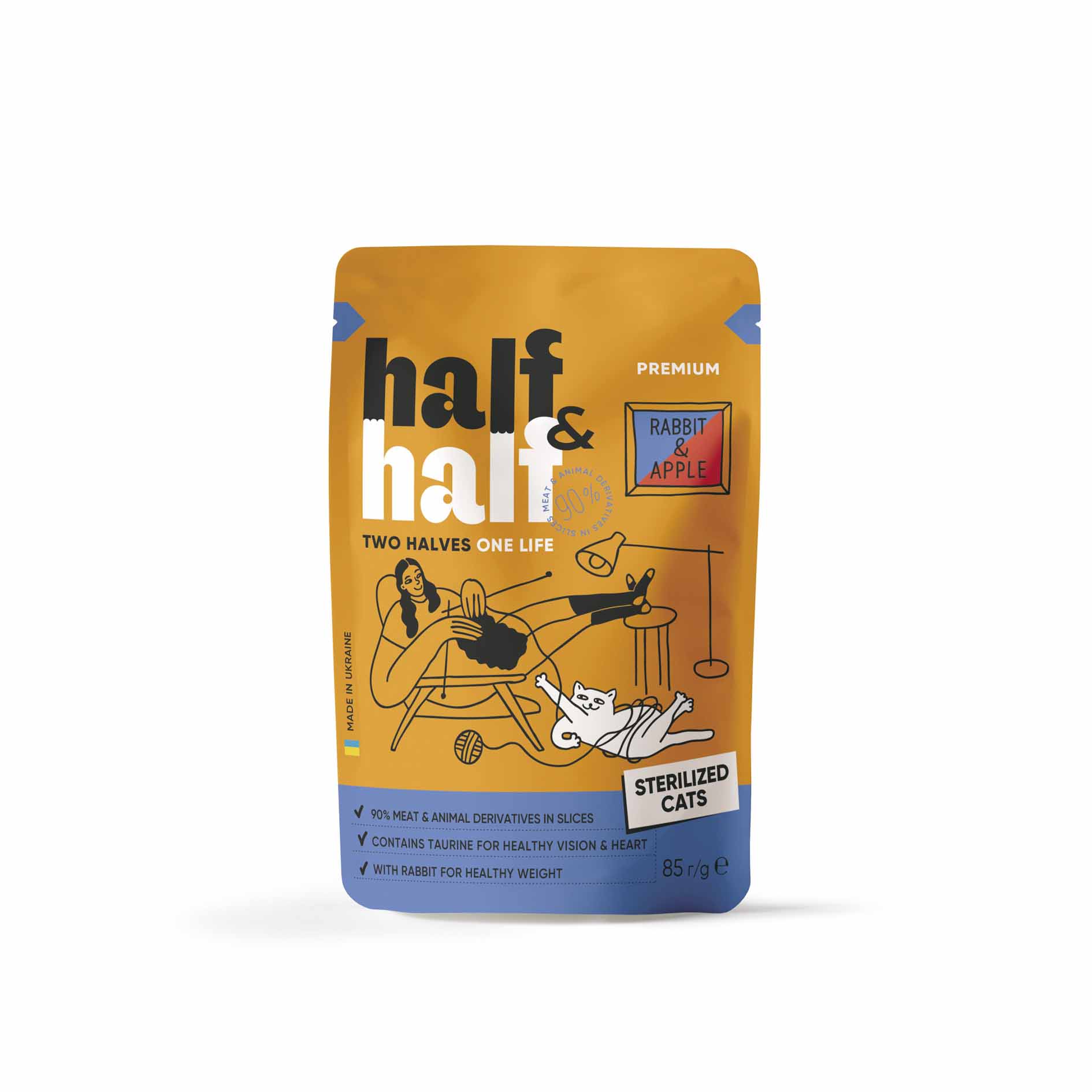 Вологий корм для стерилізованих котів Half&Half з кроликом та яблуком в желе